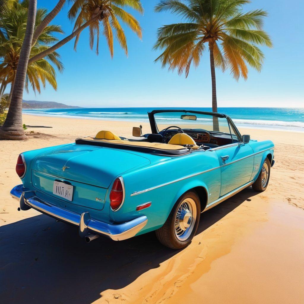 A sleek convertible car parked on a sunny beach with turquoise waves and golden sand, featuring colorful beach umbrellas and surfboards in the background. The setting captures the essence of summer, with palm trees swaying gently in the breeze. Add a stylish beach bag and sunglasses on the car seat for an extra touch of luxury. vibrant colors. super-realistic.